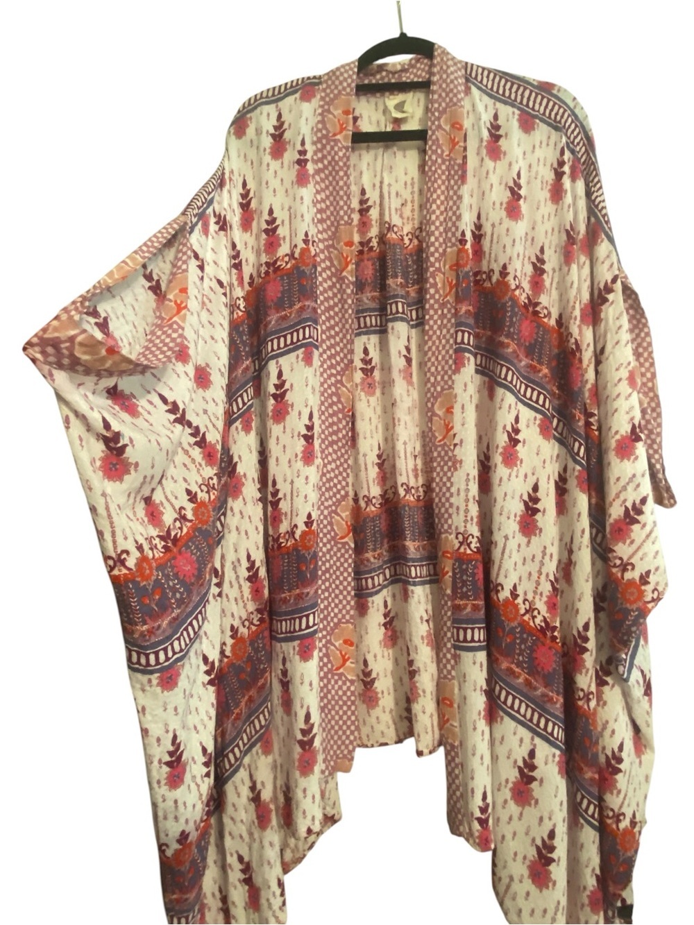 Anthro Lilka Women’s Ruana Duster Boho Floral Oversized Lightweight pink cream
